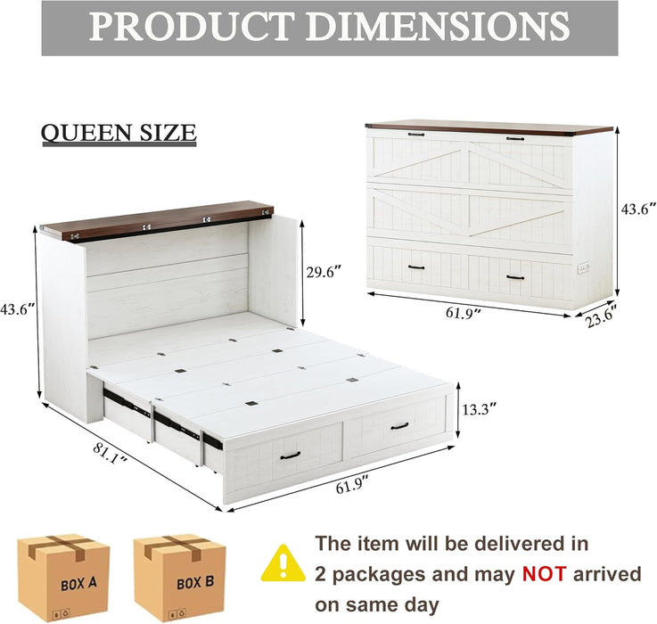Queen Size Multi-Functional Murphy Cabinet Bed with Charging Station, Farmhouse Queen Size Bed Frame with Drawer, Hidden Folding Murphy Bed Chest for Bedroom, Rustic White