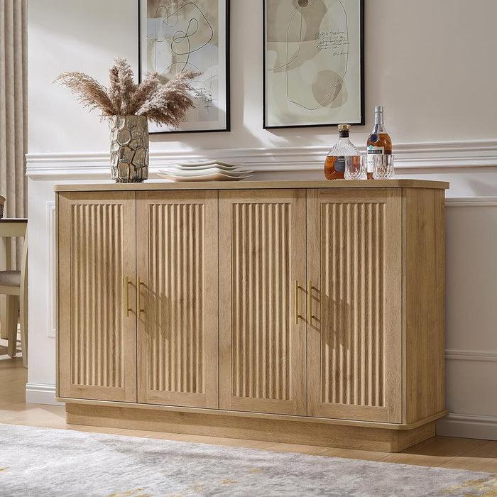 Modern Sideboard Buffet Cabinet with Storage, Oak | Fluted Coffee Bar Cabinet with 4 Doors & Adjustable Shelves for Kitchen, Dining Room, Living Room & Hallway