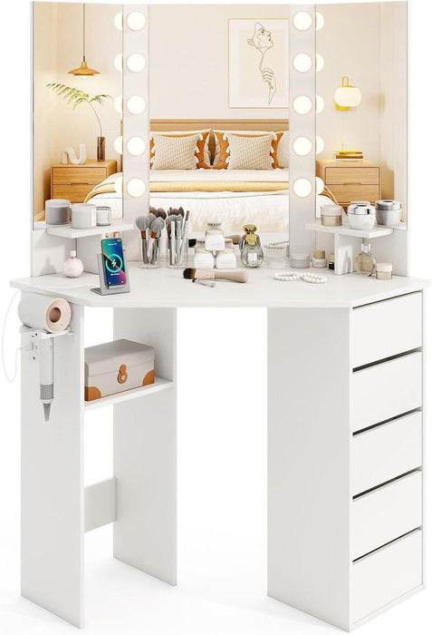 Corner Vanity Desk with Mirror and Lights, White Makeup Vanity Table with 5 Drawers, Storage Shelves, Charging Station, 3 Lighting Modes, Compact Vanity Dressing Table for Small Space