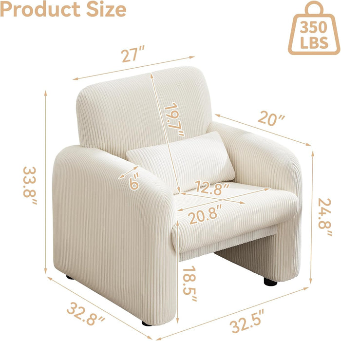 Corduroy Fabric Accent Chair, Modern Upholstered Living Room Chairs with Lumbar Pillow, Wide Comfy Leisure Armchair for Bedroom, Office, Reading, White