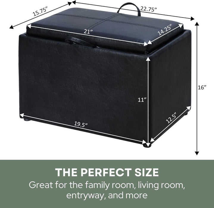Designs4Comfort Accent Storage Ottoman 22.75" - Modern Foot Stool with Decorative Tray for Living Room, Dining Room, Office, Black Faux Leather