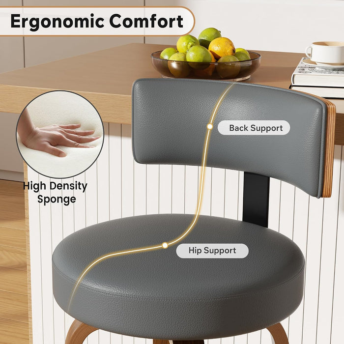 Swivel Bar Stools Set of 4, 26" Upholstered Faux Leather Counter Height Bar Stools with Back and Bentwood Legs, Mid Century Modern Bar Chairs Island Stools for Kitchen Counter, Dark Grey
