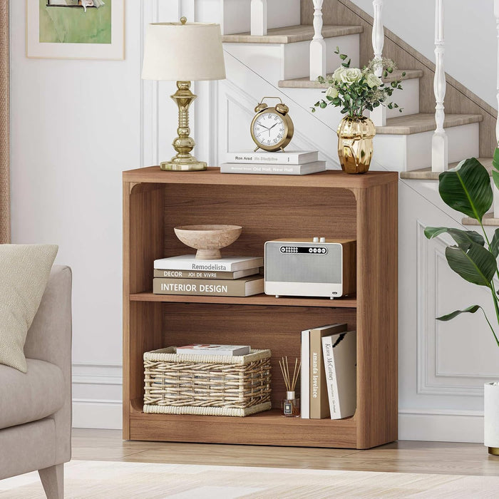 Wooden Bookshelf, 2-Tier Compact Open Bookcase with Rounded Corners, Small Floor Standing Display Book Shelf for Living Room, Bedroom, Home Office, Kids' Room (Walnut)