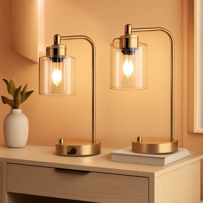 Set of 2 Industrial Table Lamps with 2 USB Port, Gold Fully Stepless Dimmable Bedside Lamps for Bedrooms, Nightstand Desk Lamps with Clear Glass Shade for Reading Living Room Office 2 LED Bulb