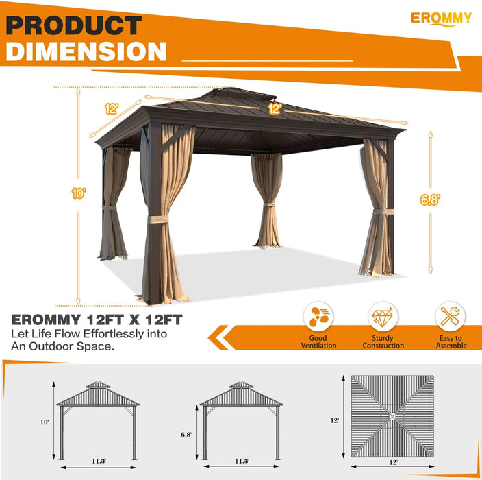12' X 12' Gazebo Hardtop Double Roof Galvanized Steel Gazebos with Netting and Curtains Outdoor Aluminum Frame Permanent Metal Pavilion for Patio Backyard Deck and Lawns
