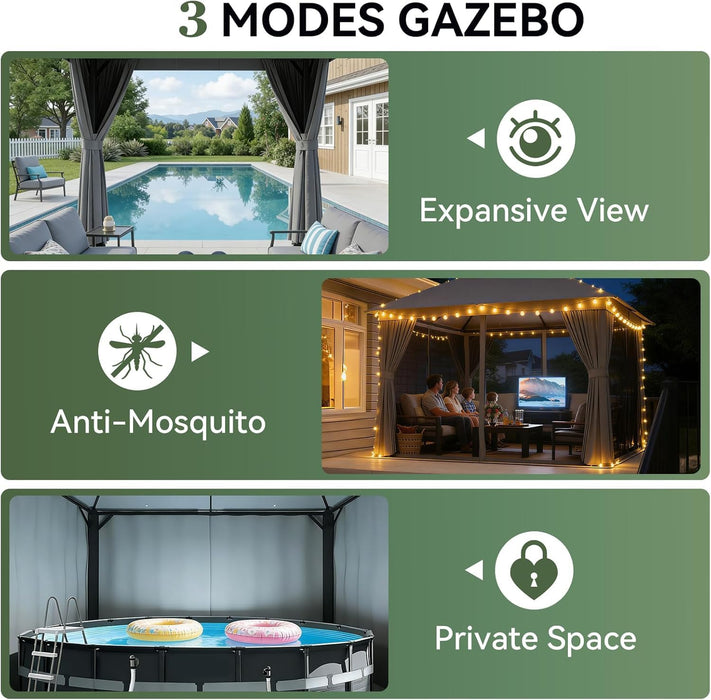 Outdoor Gazebo for Patio 10X12, Metal Frame Canopy with Double Roofs, Heavy Duty Party Tent and Shelter with Mosquito Netting and Privacy Screen for Backyard, Lawn, Garden, Deck