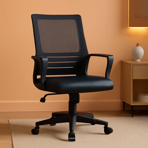 Ergonomic Office Chair Leather Seat and Mesh Back Computer Chair Executive Chair Mid-Back Rolling Swivel Chair with Lumbar Support and Armrests Adjustable Height for Office Meeting, Black