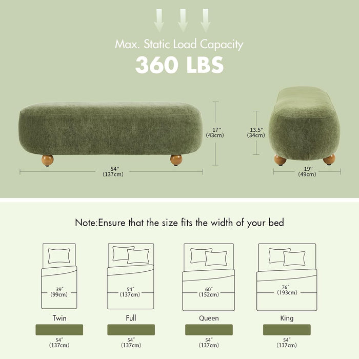 54-Inch Green Upholstered Bench for Bedroom, 4.5Ft End of Bed Accent Ottoman Bench with round Solid Wood Legs, Long Oval Footstool for Entryway & Hallway, Velvet Padded Seat
