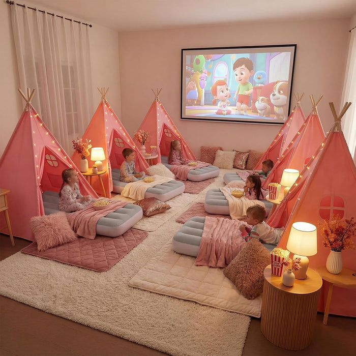 Pink Sleepover Teepee Tent for Kids-2 Pack Tipi Playhouse for Kids with Lights& Flag& Inflatable Airbed -Indoor/Outdoor Foldable- Slumber Party Tent -Sleepover Party Supplies