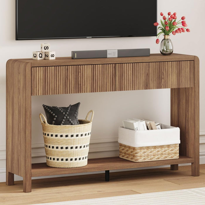 Console Sofa Table for Entryway, Wood Foyer Tables for Living Room, Farmhouse Couch Table Behinde Sofa with 2 Drawers for Hallway Storage (47.2 Inch, Walnut)
