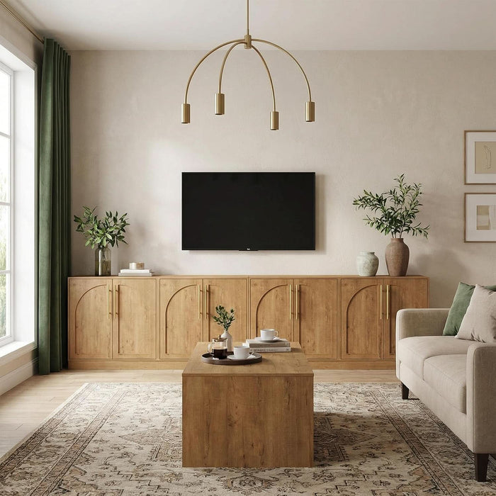 Storage Cabinet, Freestanding Sideboard Buffet Cabinet with Arched Design, Adjustable Shelves Wooden Cabinet Ideal for Coffee Bar, Living Room (Oak, Single)