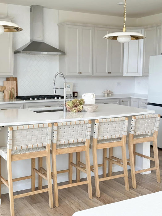 Cohen Mid Century Modern Bar Stool, Upholstered Faux Leather Counter Stool with Back and Solid Wood Legs, off White