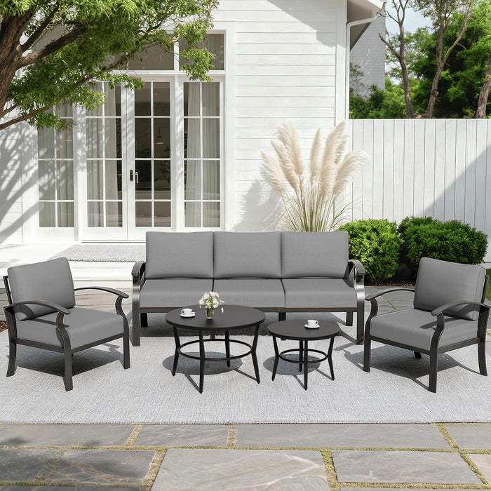 Aluminum Patio Furniture Set with round Coffee Tables, 5-Seat Outdoor Sectional Furniture W/5.1" Cushions, Patio Conversation Set for Porch, Backyard, Poolside-Grey