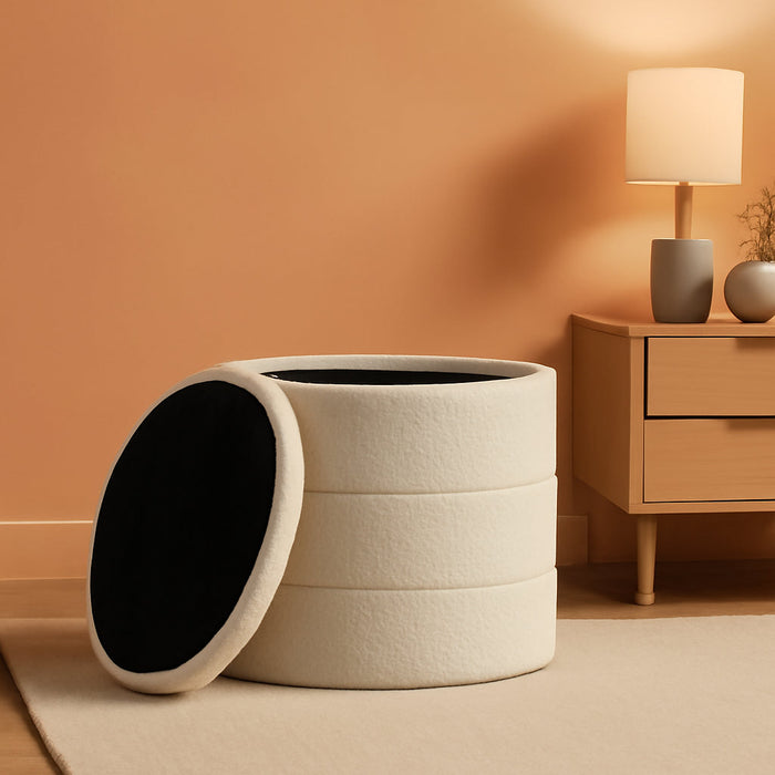 Storage round Ottoman with Removable Lid (With Hidden Storage) |  Home Décor | Upholstered round Ottoman – Cream Boucle
