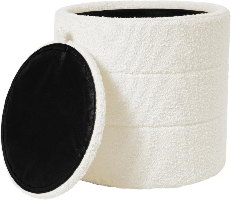 Storage round Ottoman with Removable Lid | Home Décor|Upholstered round Foot Rest Ottoman - Cream Boucle