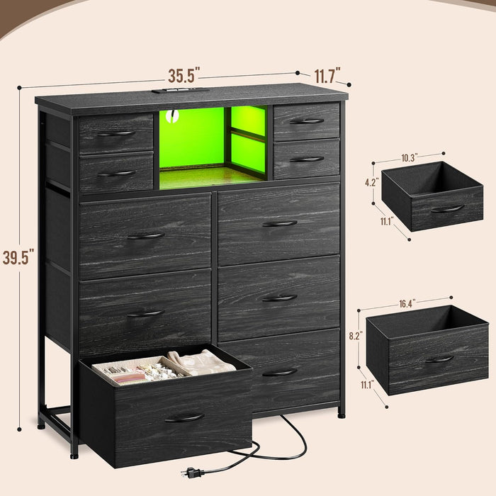 Black Dresser for Bedroom with LED Lights & Power Outlets 2 AC & 2 USB, Fabric 10 Drawer Dressers & Chest of Drawers with Open Shelves for Hallway Living Room Closet, Metal Frame, Wood Top