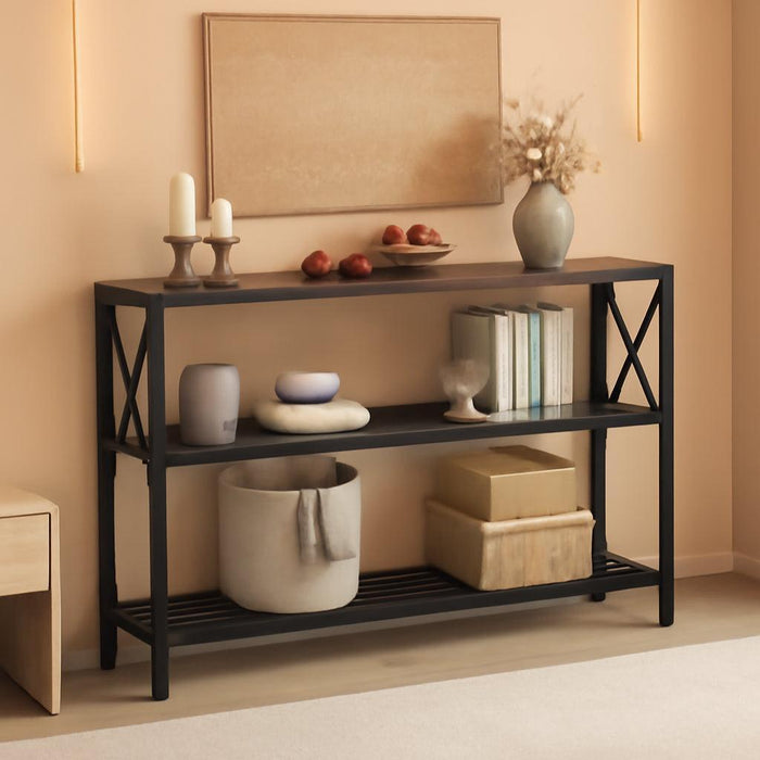 Industrial Console Table, 3 Tier Entryway Table, Hallway Table, Narrow Sofa Table with Shelves, Entrance Table for Entryway, Living Room, Foyer, Hallway, Office, Rustic Brown&Black