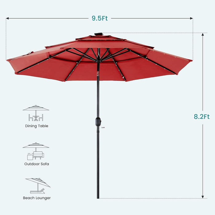10Ft Solar Patio Umbrella with 32 LED Lights, Table Market Umbrella with Tilt Adjustment & Crank Lift, Outdoor Sun Shelter for Garden, Deck, Backyard, Pool and Beach