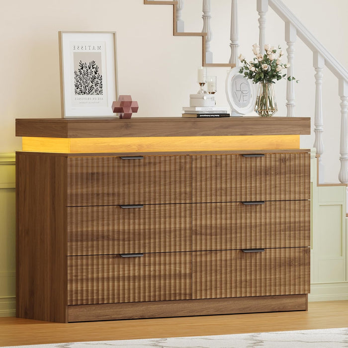 6 Drawer Dresser with LED Lights and Charging Station, 47" Wide Walnut Wood Fluted Dresser for Bedroom, Modern Chest of Drawers for Closet Organizer Cabinet for Living Room, Entryway, Hallway