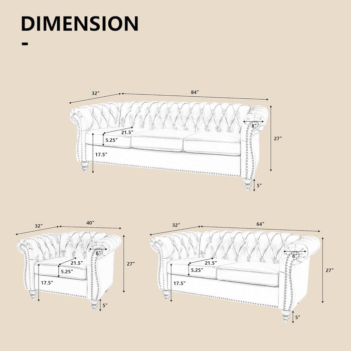 3-Piece Living Room Sectional Sofa Set, Green Velvet Couch Upholstered Sofa Modern Sofa Couches Set Style Button Tufted, Velvet Chesterfield Sofa for Living Room Apartment, 1+2+3 Seat Green