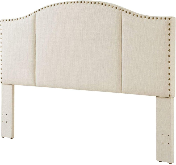 Middle Century Linen Upholstered Tufted King Size Headboard with Antique Brass Nail Heads Trim King/California King Headboard-Ivory