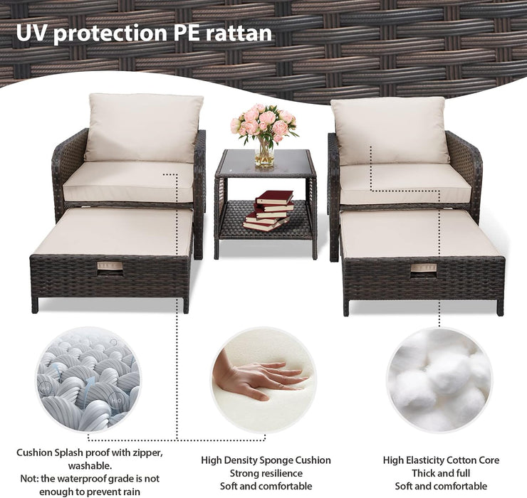Balcony Furniture 5 Piece Patio Conversation Set, PE Wicker Rattan Outdoor Lounge Chairs with Soft Cushions 2 Ottoman&Glass Table for Porch, Lawn-Brown Wicker