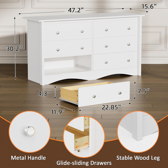 Dresser for Bedroom, 6 Drawer Wood Dresser, White