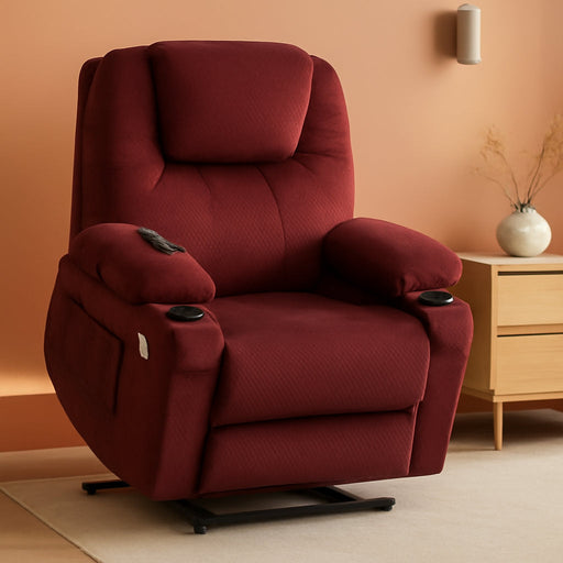 Large Power Lift Recliner Chair Sofa with Massage and Heat for Big and Tall Elderly People, 3 Positions, Cup Holders, and USB Ports, Extended Footrest, Fabric 7516(Large,Carmine Red)