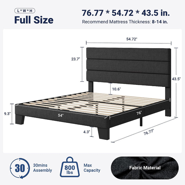 Full Size Platform Bed Frame with Fabric Upholstered Headboard Gray