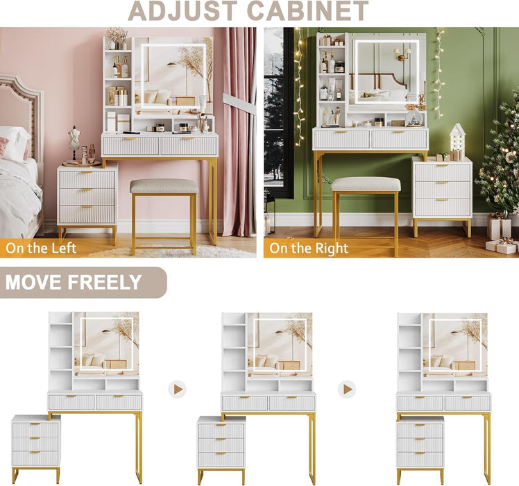 Makeup Vanity Desk with Mirror and Lights, Vanity Table with 5 Drawers, Vanity Set with Stool and Removable Side Storage Cabinet for Bedroom, White & Gold