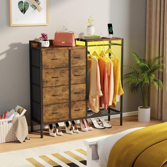 Dresser with Hanging Rack, 8-Drawer Dresser for Bedroom with Charging Station & LED Lights, Fabric Dressers with Shoe Rack, Rustic Brown, 11.8" D X 42" W X 42.7" H (8 Drawers)