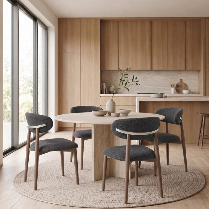 Dining Chairs Set of 4, Modern Bouclé Fabric Upholstered Kitchen & Dining Room Chairs with Ergonomic Back, Walnut Wood-Grain Metal Legs, Dark Gray