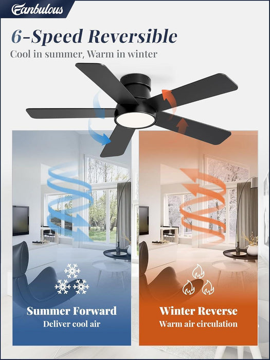 42 Inch Ceiling Fans with Lights and Remote,Outdoor Indoor Modern Flush Mount Ceiling Fan with 3CCT 6-Speed Quiet DC Motor,Black Small Low Profile Ceiling Fan for Bedroom Living Room Office