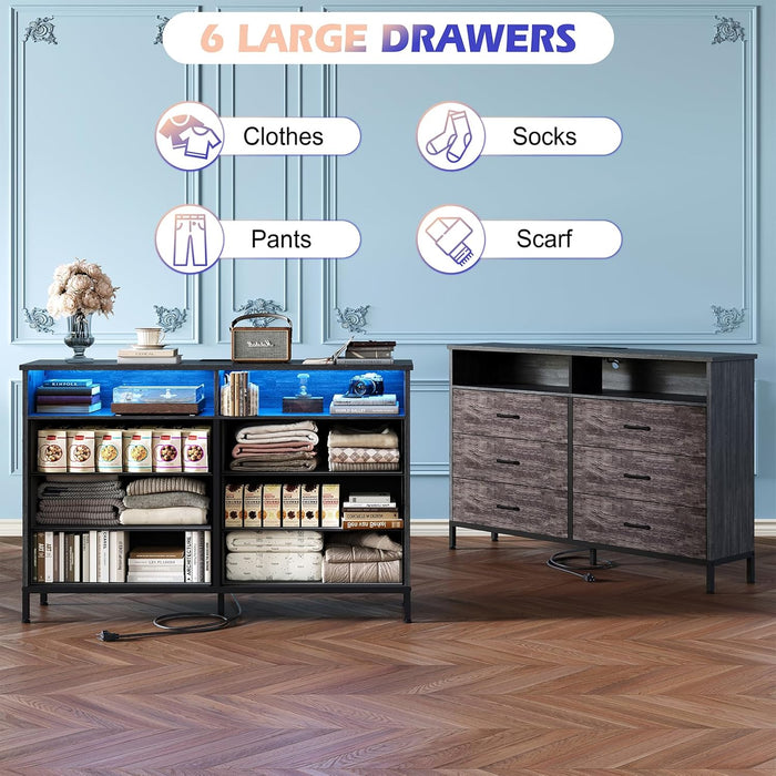 Dresser for Bedroom, 6 Drawer Dresser, Fabric Vertical Storage Tower with Fabric Bins with Open Shelves LED Light and Charging Station, Chest of Drawers for Closet Chests Organizer, Living Room, Grey