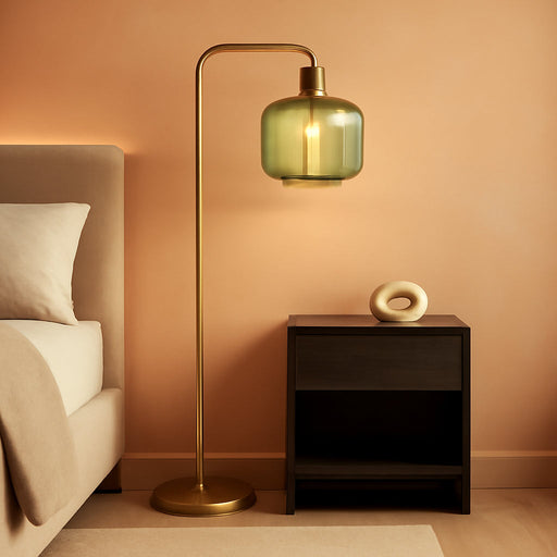 Glass Floor Lamp for Living Room, Modern Standing Lamp with Green Ribbed Glass Lampshade and Pedal Switch, 66” Tall Lamp & Gold Floor Lamp for Bedroom Study Room,Brushed Gold(3000K LED Bulb Included)