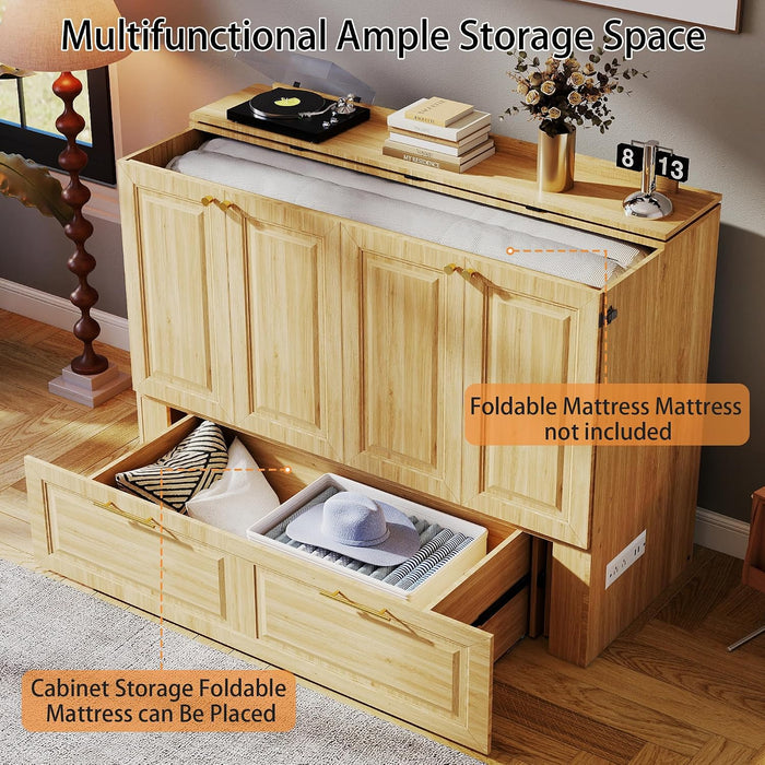 Murphy Bed Full Size OakFinish CabinetWithDrawerUSBCharging
