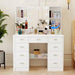 White Makeup Vanity Table Dressing Desk W/3-Mirrors,Lighted Mirror, Drawers, Hidden Storage Shelves Carved Metal Handles