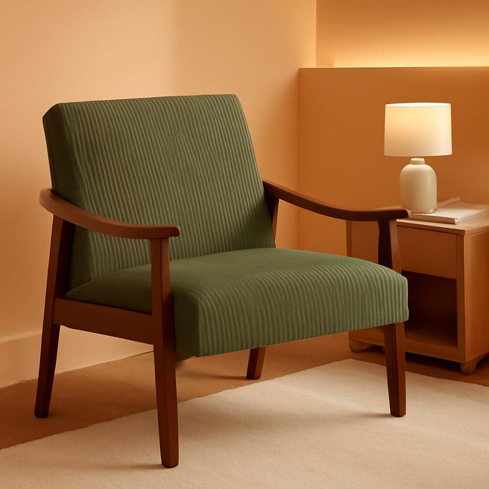 Corduroy Accent Chair, Mid-Century Modern Armchair with Solid Wood Legs, Reading Leisure Chair with High Back for Living Room Bedroom Waiting Room Dark Green
