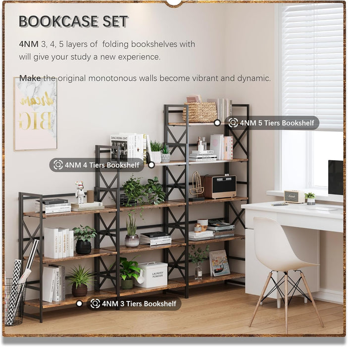 5 Tiers No Assembly Book Shelves, 51.2" H Folding Bookshelf Bookcase Open Industrial Foldable Shelves for Bedroom, Living Room, Home Office - Rustic Brown Black