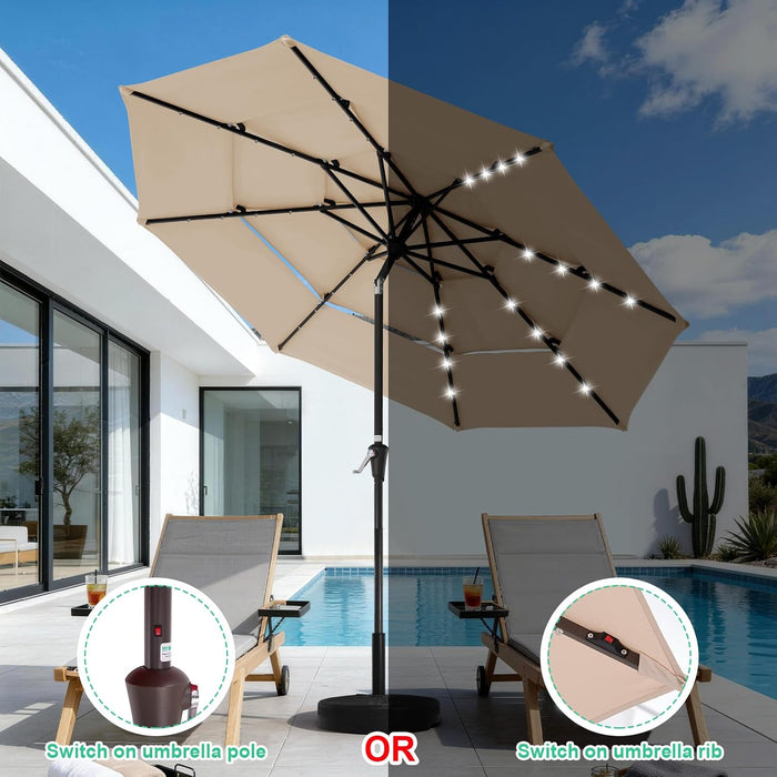 3 Tiers Patio Umbrella with Solar Lights 9Ft Outdoor Market Table Umbrellas with Push Button Tilt for outside Pool Garden, Tan