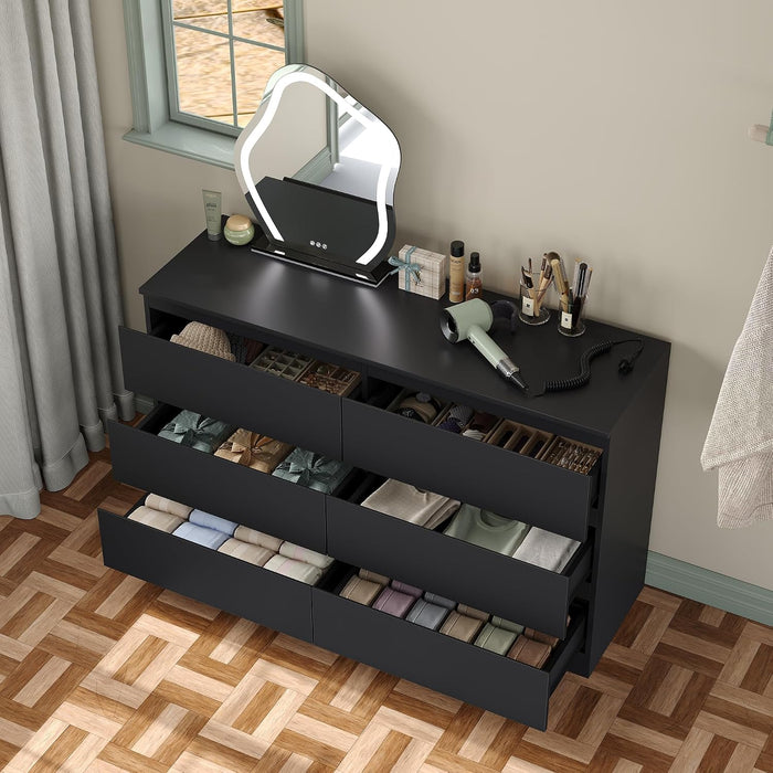 Modern 6 Large Storage Drawers Dresser for Clothes Organizer, Black Modern Chest of Drawers for Closet, 42.5" Long Drawer Organizer Cabinet for Bedroom, Living Room, Entryway, Hallway