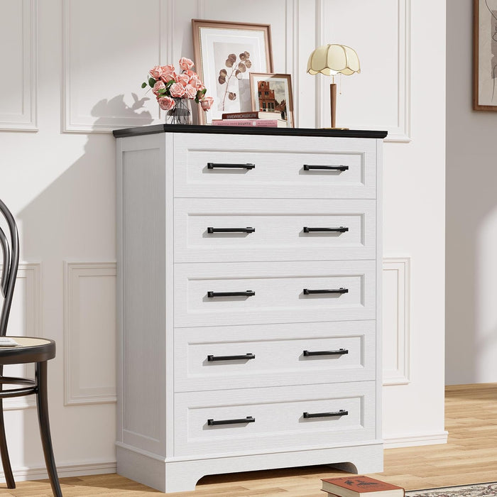 Tall Dresser Five Drawers Farmhouse White Distressed