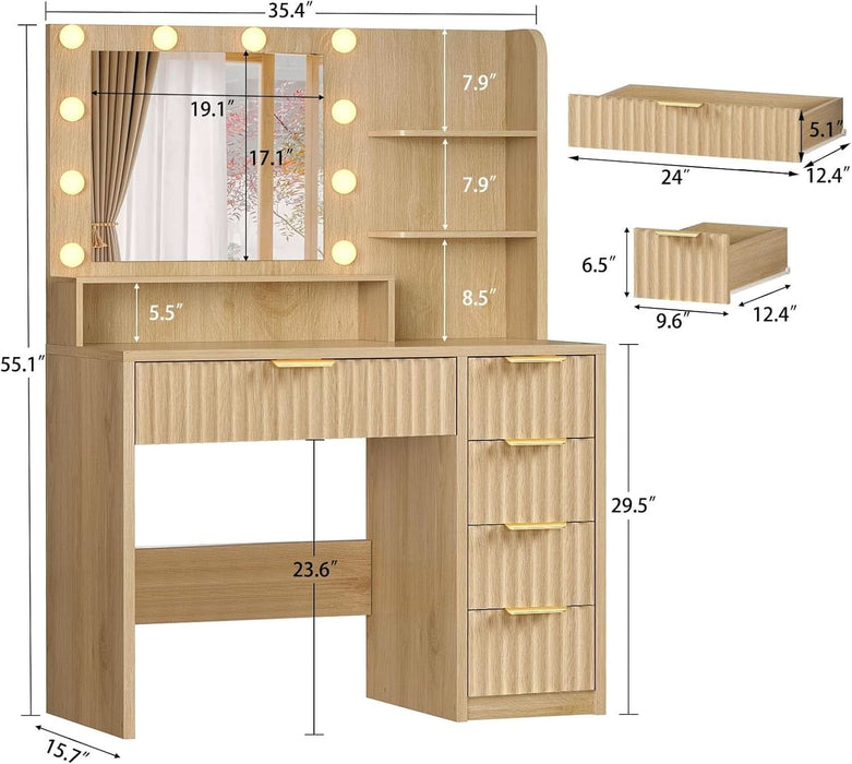 Fluted Vanity Desk with Mirror and Adjustable LED Lights, Makeup Vanity with 5 Drawers & Storage Shelves, 3 Color Modes & Adjustable Brightness, Vanity for Girls, Natural Oak