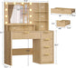 Fluted Vanity Desk with Mirror and Adjustable LED Lights, Makeup Vanity with 5 Drawers & Storage Shelves, 3 Color Modes & Adjustable Brightness, Vanity for Girls, Natural Oak