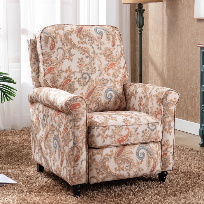 Manual Recliner Chair Push Back Upholstered Mid Century Armchair Fabric Sofa Home Theater Couches Wood Legs Home Living Room,Flower