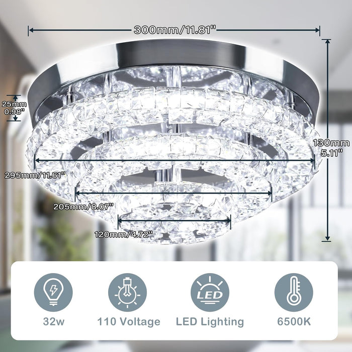 11.8" Crystal Chandeliers Modern Crystal Ceiling Light LED Chandeliers Semi Flush Mount Chandelier Ceiling Light Fixture for Bedrooms Dining Living Room Hallway (6500K Cool White)