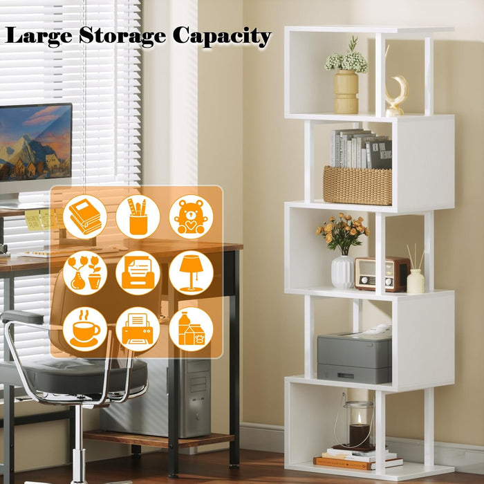 White Geometric Bookshelf 6 Tier S-Shaped Bookcase, Tall Modern Display Storage Shelf, Metal and Wood Decorative Freestanding Room Divider Shelves for Bedroom, Living Room, Office