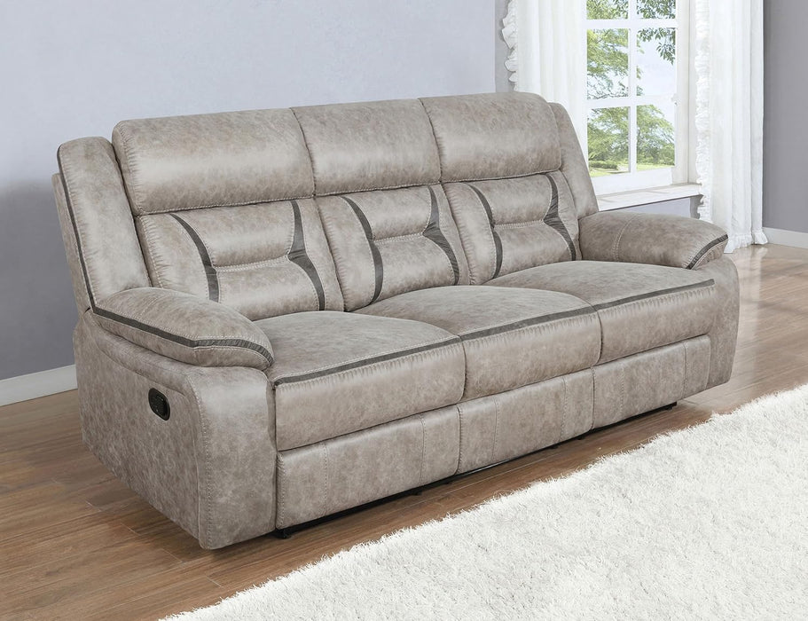 Home Furnishings - Greer - Fabric - Upholstered Motion Reclining Sofa with Drop-Down Console Stainless Steel Cupholders - Living Room - 30-Inch - Taupe - 651351