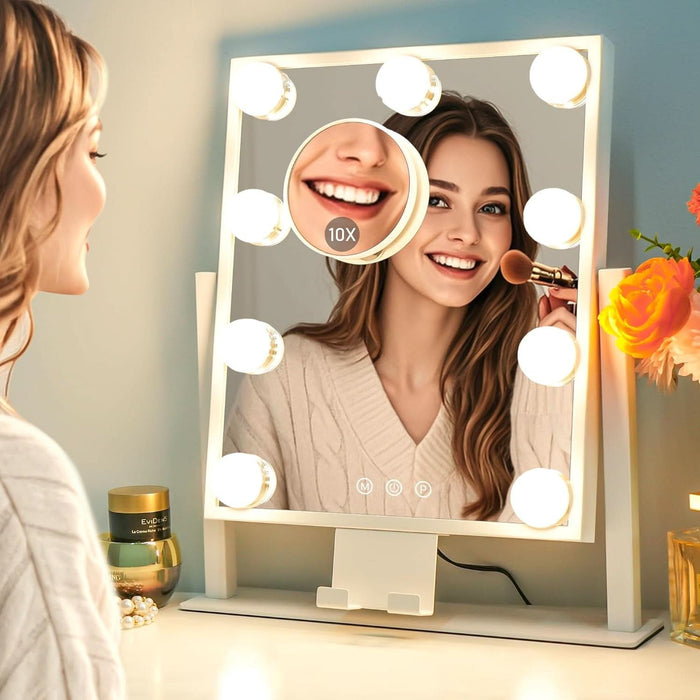 Lighted Makeup Mirror, Hollywood Vanity Mirror with Lights, Three Color Modes, with Detachable 10X Zoom Mirror, Smart Touch Control, Metal Frame, 360° Rotation（14.1In,White）