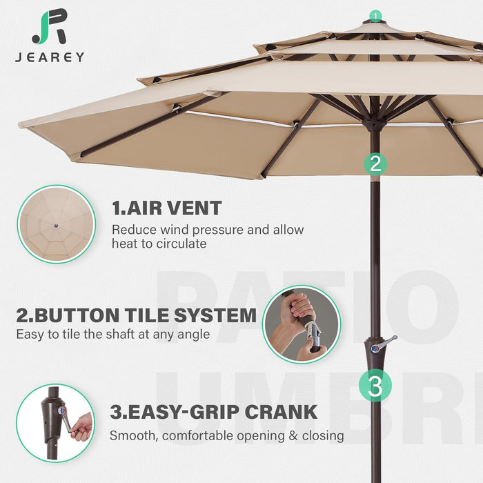9FT 3 Tier Patio Umbrella Outdoor Market Umbrella Table Umbrellas with 8 Ribs 1.5 Pole Push Button Tilt and Crank UV Protection for Garden,Beige